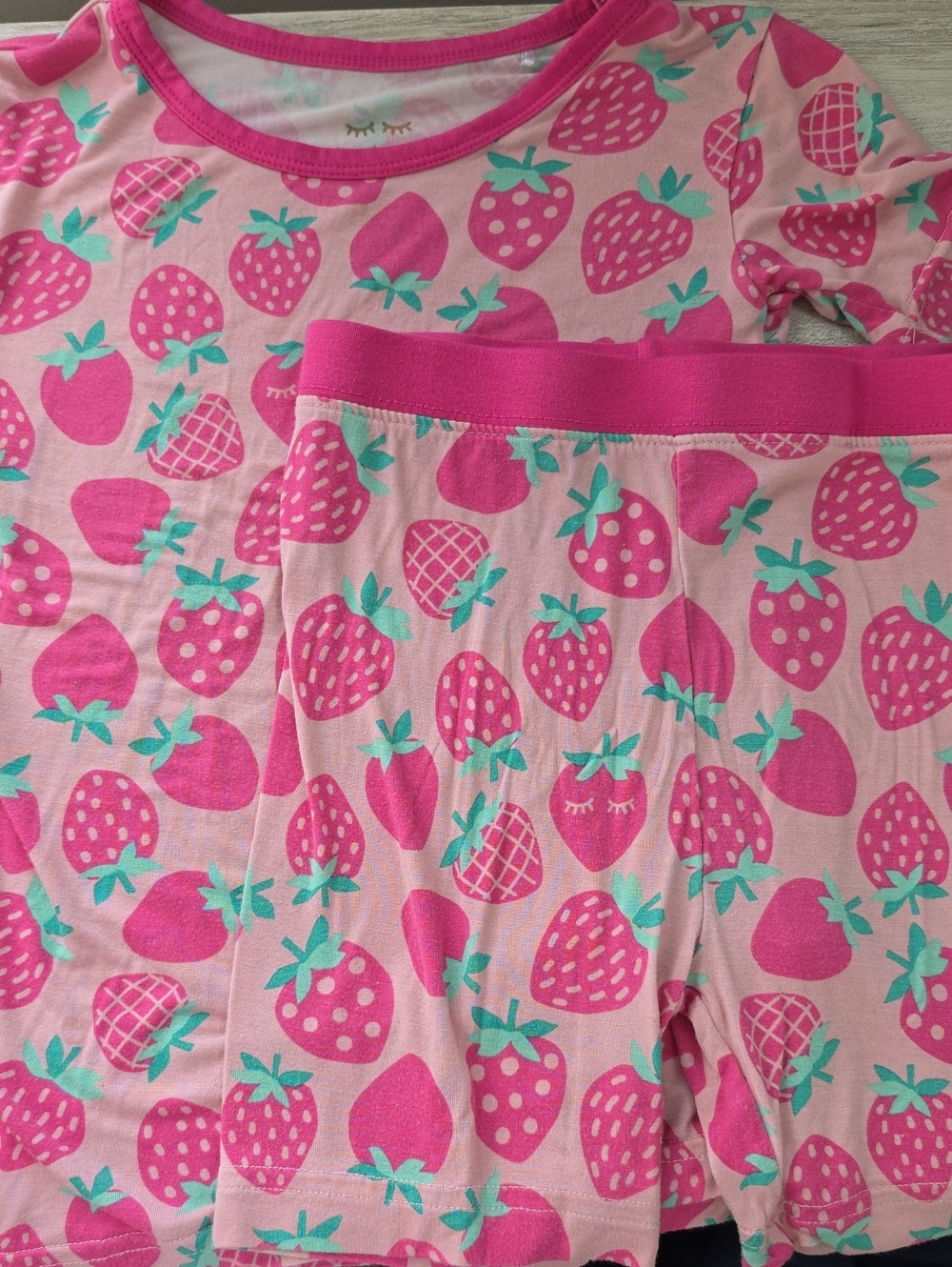 Little Sleepies Pink Strawberry Print Pajama Set with Teal Leaf Accents